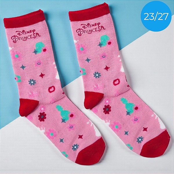 Meia Infantil Cano Médio - Princesas - Rosa - 23/27 - 1 unidade - Disney Original - Jolitex