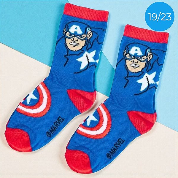 Meia Infantil Cano Médio - Capitão América - Vingadores - 19/23 - 1 unidade - Disney Original - Jolitex