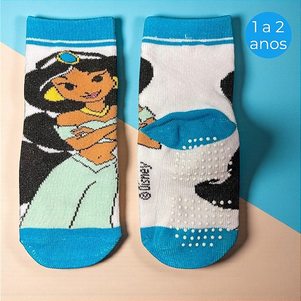 Meia Infantil Antiderrapante - Jasmine - Azul - 1 a 2 Anos - 1 unidade - Disney Original - Jolitex