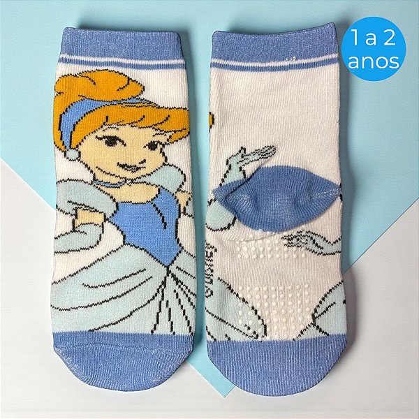Meia Infantil Antiderrapante - Cinderela - Azul - 1 a 2 Anos - 1 unidade - Disney Original - Jolitex