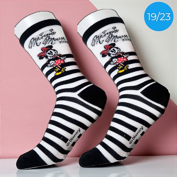 Meia Infantil Cano Médio - Minnie Mouse - Listrada - 19/23 - 1 unidade - Disney Original - Jolitex