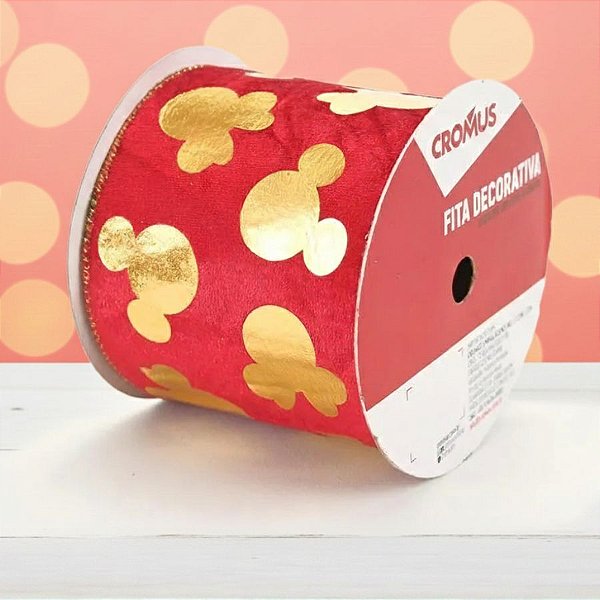 Fita Decorativa Aramada - Mickey e Minnie - Vermelho e Dourado - 10x457cm - 1 unidade - Disney Original - Cromus
