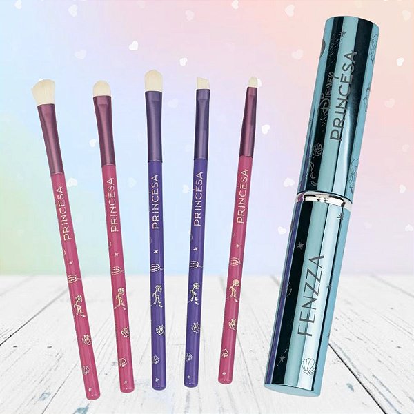 Kit de Pinceis para Maquiagem e Estojo - Princesas - 6 Itens - 1 unidade - Disney Original - Fenzza