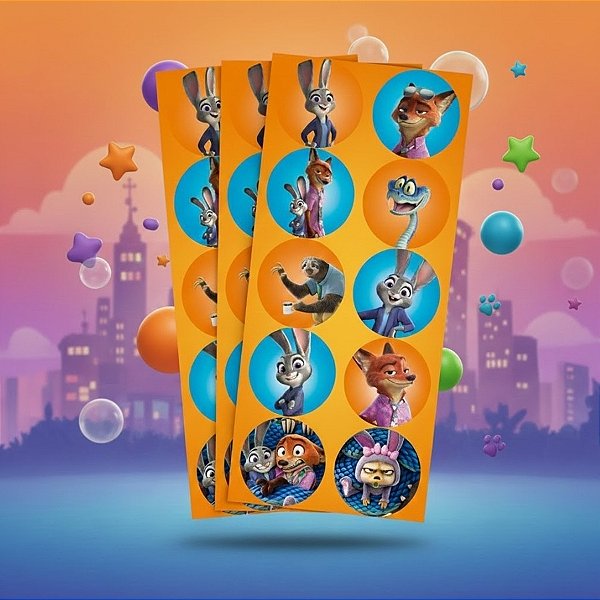 Adesivo Redondo - Zootopia 2 - 4cm - 30 unidades - Disney Original - Regina