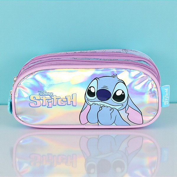 Estojo Triplo com Zíper - Stitch - Azul Holográfico - Disney Original - 1 unidade - Luxcel