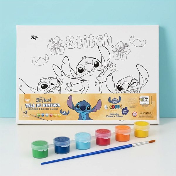 Conjunto Tela de Pintura com Guache e Pincel - Stitch - 22x16cm - Disney Original - 1 unidade - DAC