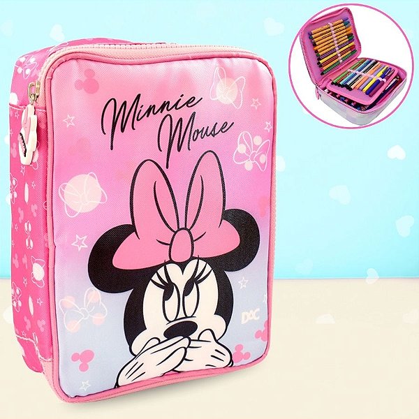 Estojo Box com Zíper Tratorado - Minnie Mouse Rosa e Azul - 22x17cm - Disney Original - 1 unidade - DAC