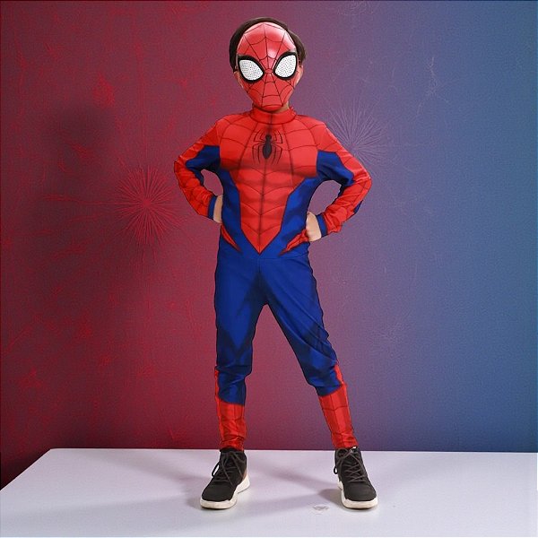 Fantasia Infantil Homem Aranha - Macacão Longo e Máscara - P de 4 a 6 anos - Disney Original - 1 unidade - Novabrink