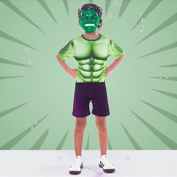 Fantasia Infantil Hulk - Macacão Curto e Máscara - P de 4 a 6 anos - Disney Original - 1 unidade - Novabrink