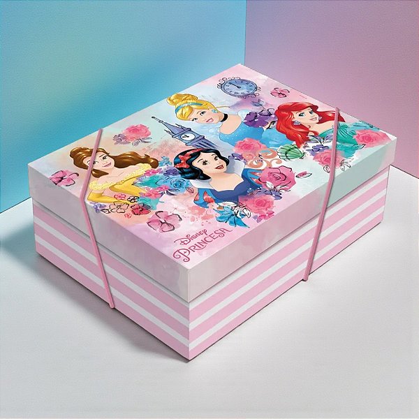 Caixa Retangular Com Tampa e Elástico - Princesas - M 35x25x11cm - Disney Original - 1 unidade - Cromus