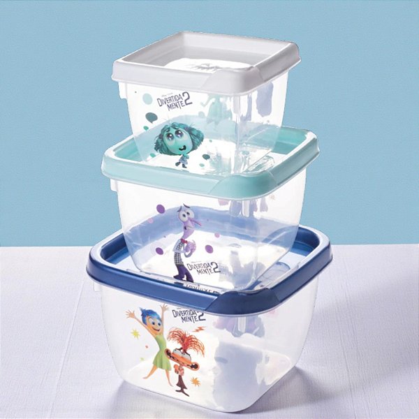 Kit 3 Potes de Plástico Quadrado - Divertidamente - Disney Original - 1 unidade - Plasútil