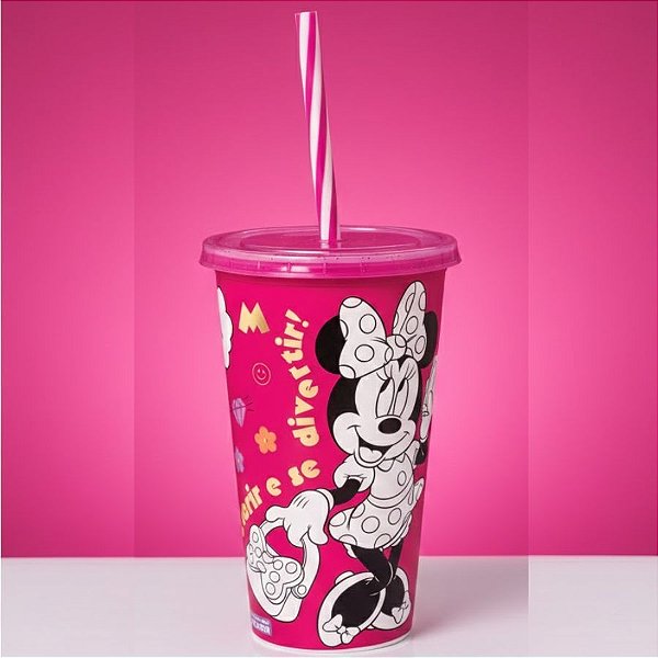 Copo de Plástico com Tampa e Canudo Para Colorir - Minnie Mouse - 500ml - Disney Original - 1 unidade - Plasútil