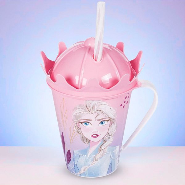 Caneca com Canudo e Tampa Coroa - Frozen - 360ml - Disney Original - 1 unidade - Plasútil