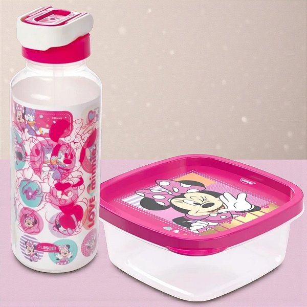 Conjunto Garrafa com Canudo e Pote Quadrado - Minnie Mouse Rosa - 1 unidade - Disney Original - Plasútil