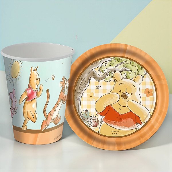 Kit Copo e Prato de Papel - Ursinho Pooh - 16 Itens - 1 unidade - Disney Original - FestColor - Rizzo