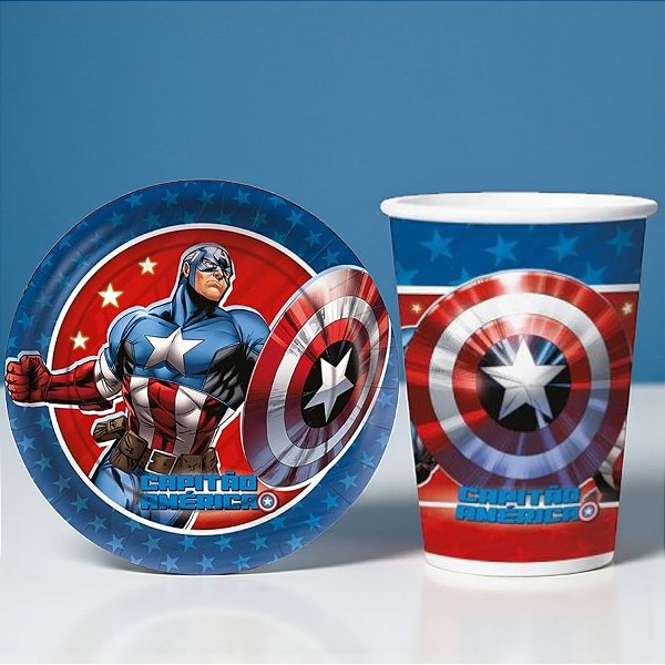 Kit Copo e Prato de Papel - Capitão América - 16 Itens - 1 unidade - Disney Original - Regina - Rizzo