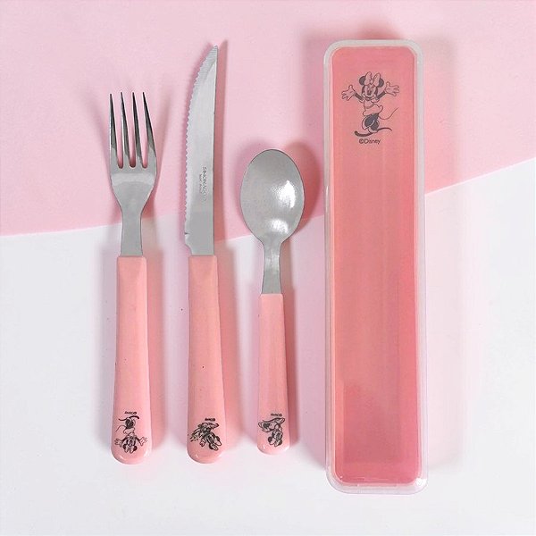 Kit Estojo, Colher, Garfo e Faca - Minnie Mouse Rosa - 1 unidade - Disney Original - Simonaggio