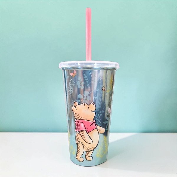 Copo de Plástico com Tampa e Canudo - Ursinho Pooh - Verde - 500ml - Disney Original - 1 unidade - Plasútil - Rizzo