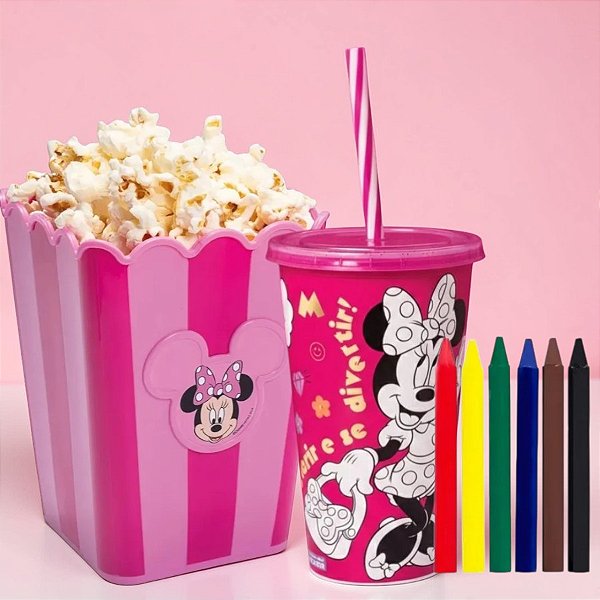 Kit Cinema - Balde de Pipoca e Copo de Colorir com Giz - Minnie Mouse - 1 unidade - Rizzo