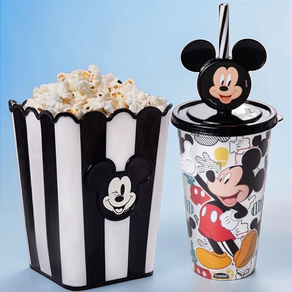 Kit Cinema - Balde de Pipoca e Copo com Canudo - Mickey Prata - Disney Original - 1 unidade - Plasútil - Rizzo