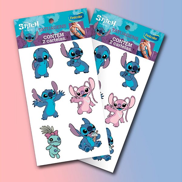 Tatuagem Temporária para Pele - Stitch e Angel - Disney Original - 12 unidades - FestColor - Rizzo
