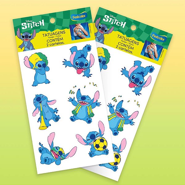 Tatuagem Temporária para Pele - Stitch Futebol - Disney Original - 12 unidades - FestColor - Rizzo