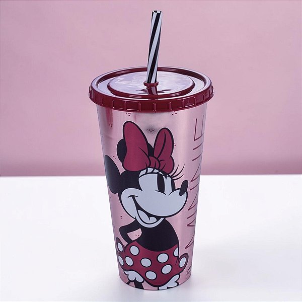 Copo de Plástico com Tampa e Canudo - Minnie Mouse - Rosa Metalizado - 700ml - 1 unidade - Plasútil - Rizzo