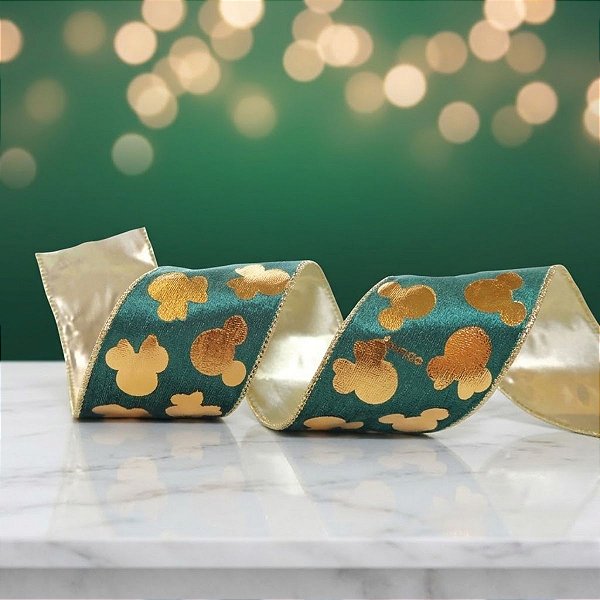 Fita Decorativa Aramada - Mickey Mouse - Verde e Dourado - 6,3x914cm - Disney Original - 1 unidade - Cromus - Rizzo