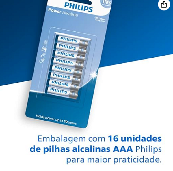 Pilha Philips Alcalina LR03P16B AAA, LR03P16B/59 16 Unidades