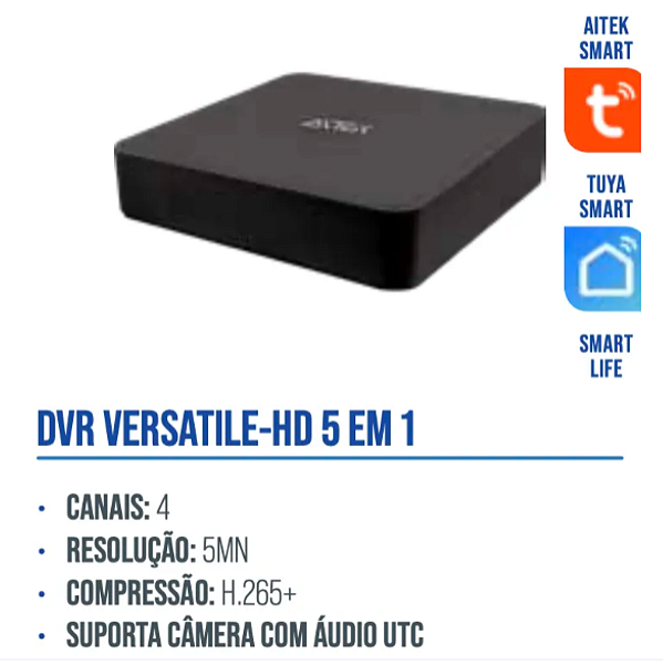 DVR 4 CANAIS 5 EM 1 FULL HD 5MP H265+ AUDIO COAXIAL UTC APP AITEK SMART TUYA