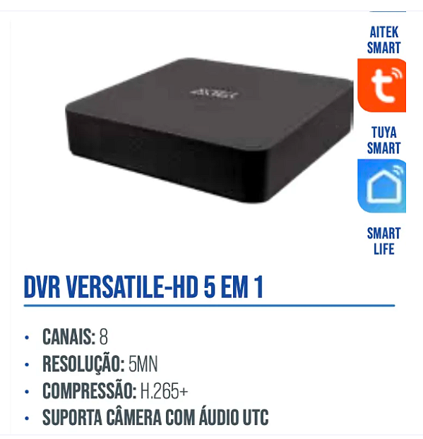 DVR 8 CANAIS 5 EM 1 FULLHD 5MP H265+ AUDIO COAXIAL UTC APP AITEK SMART TUYA