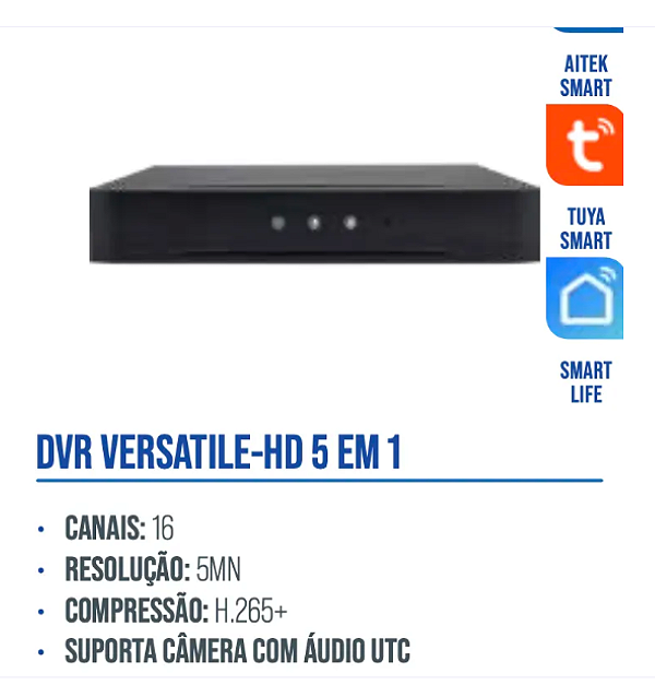 DVR 16 CANAIS 5 EM 1 FULLHD 5MP H265+ AUDIO COAXIAL UTC APP AITEK SMART TUYA