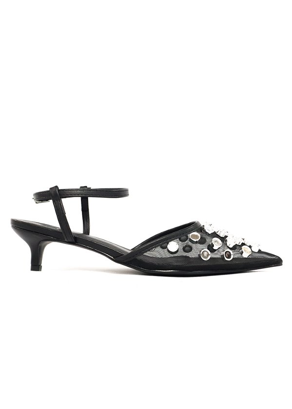 SCARPIN DIANA SALTO BAIXO PRETO COM ESPELHOS