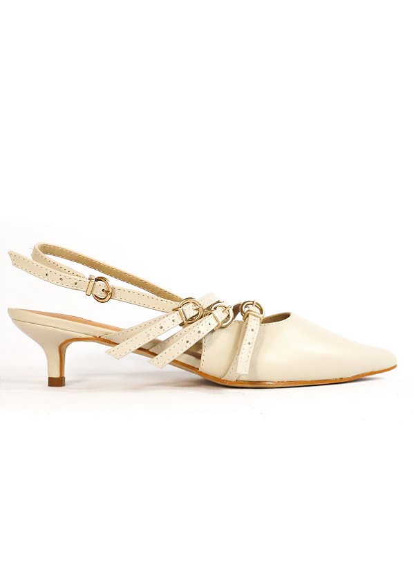 SCARPIN EM COURO BEATRIZ SALTO BAIXO GELO/BEGE