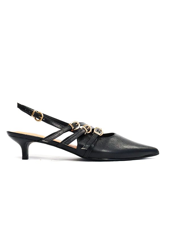 SCARPIN EM COURO BEATRIZ SALTO BAIXO PRETO