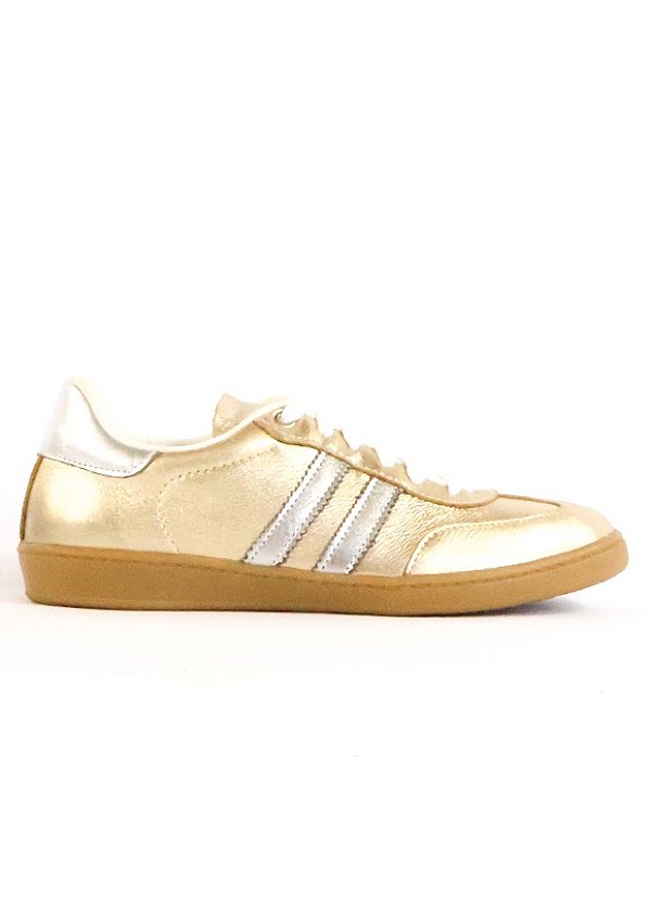 TÊNIS EM COURO ANGEL DOURADO E PRATA