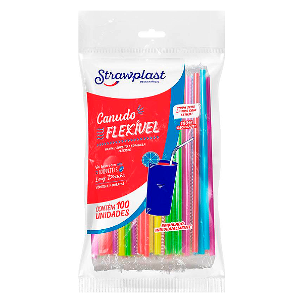 Canudo Flexível Sache Neon 100un | Strawplast