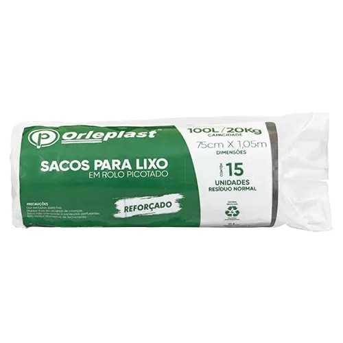 Saco para Lixo Reforçado 100 Litros Preto Rolo C/15 | Orleplast