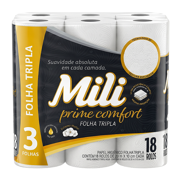 Papel Higiênico Folha Tripla Prime Comfort 20m com 18 Rolos | Mili
