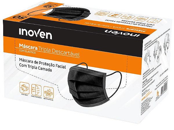 Máscara TNT Descartável Tripla Preta - C/50un | Inoven
