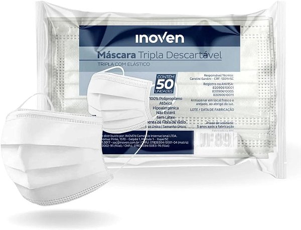 Máscara TNT Descartável Tripla Branca - C/50un | Inoven