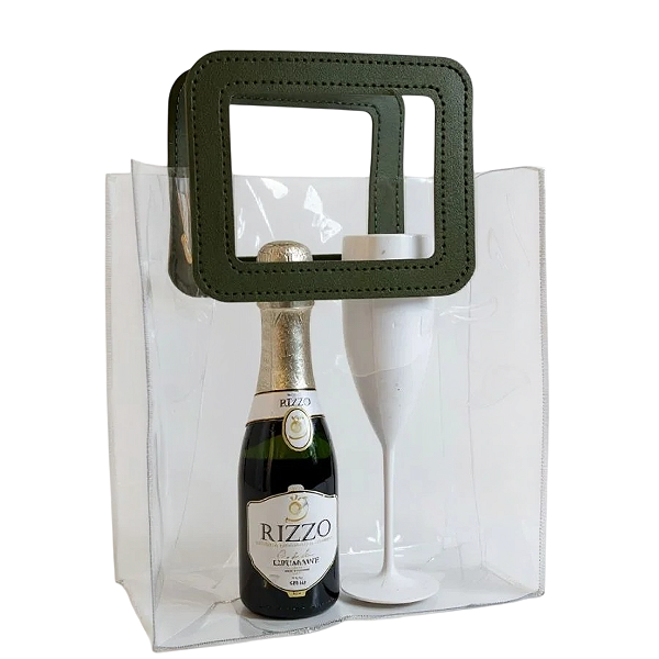 Sacola PVC Transparente 24x21x11 cm com Alça Verde Retangular | Cromus