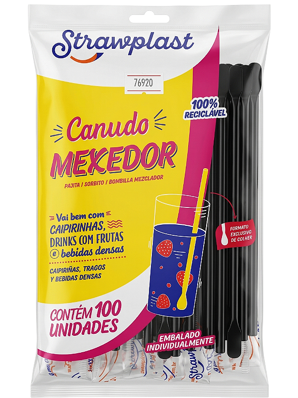 Canudo Mexedor Preto 6mm Sachê - C/100 | Strawplast
