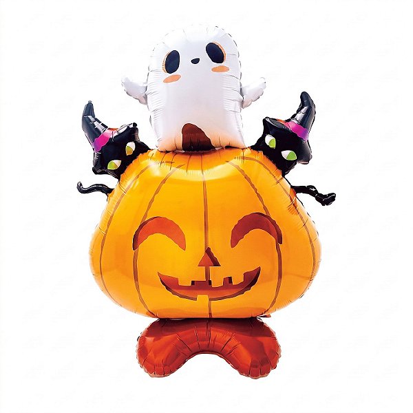 Balão Metálico com Base Abóbora, Fantasma e Gatos 69x98cm Halloween | Partiufesta