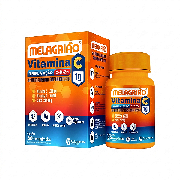 Melagrião Vitamina C 1g 1000mg C+D+Zinco Tripla Ação 30 Comprimidos