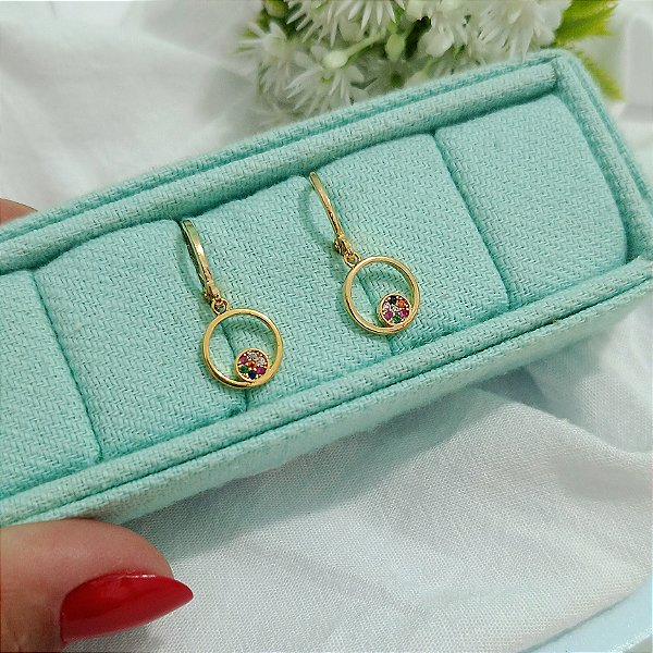 Argolinha Click Pingente Cravejado Colorido - Banhado a Ouro 18k