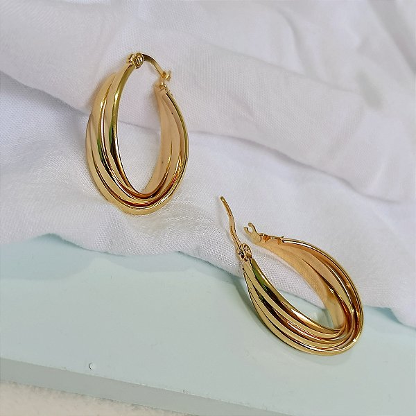 Brinco Argola Oval Fios - Banhado a Ouro 18k