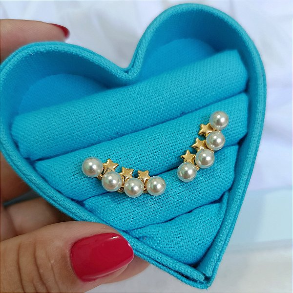Brinco Ear Cuff Pérolas e Estrelas - Banhado a Ouro 18k