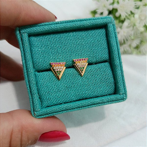 Brinco Triângulo Cravejado Colorido - Banhado a Ouro 18k