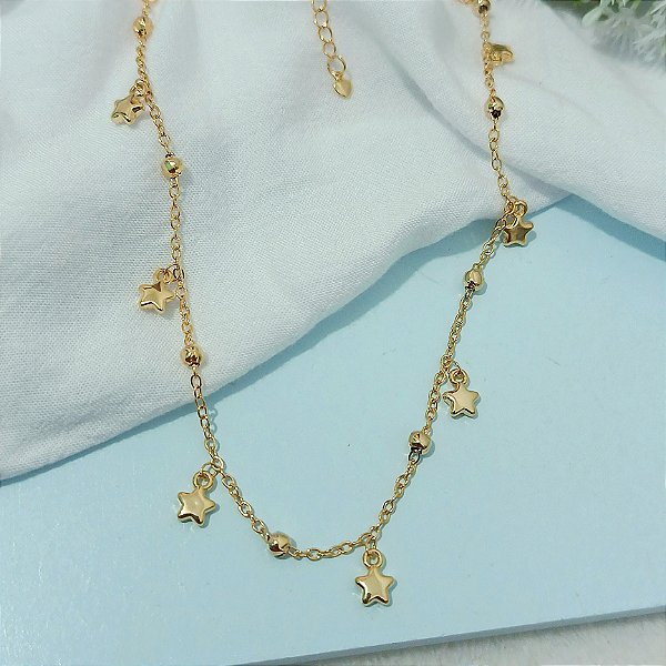 Colar Choker Penduricalhos Estrelas - Banhado a Ouro 18k